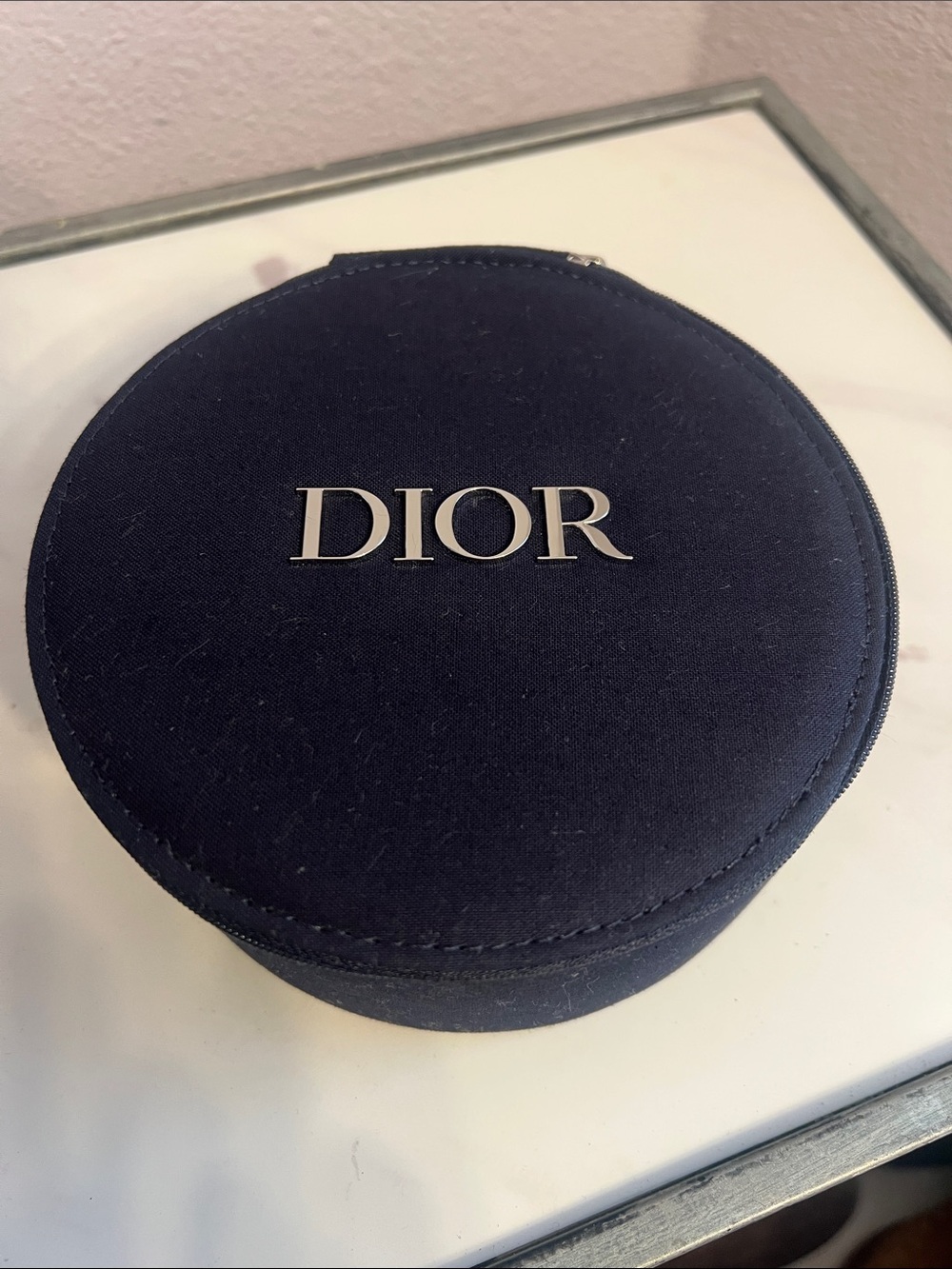 Dior Round Navy Vanity Pouch Cosmetics, Jewelry Case with Silver Logo